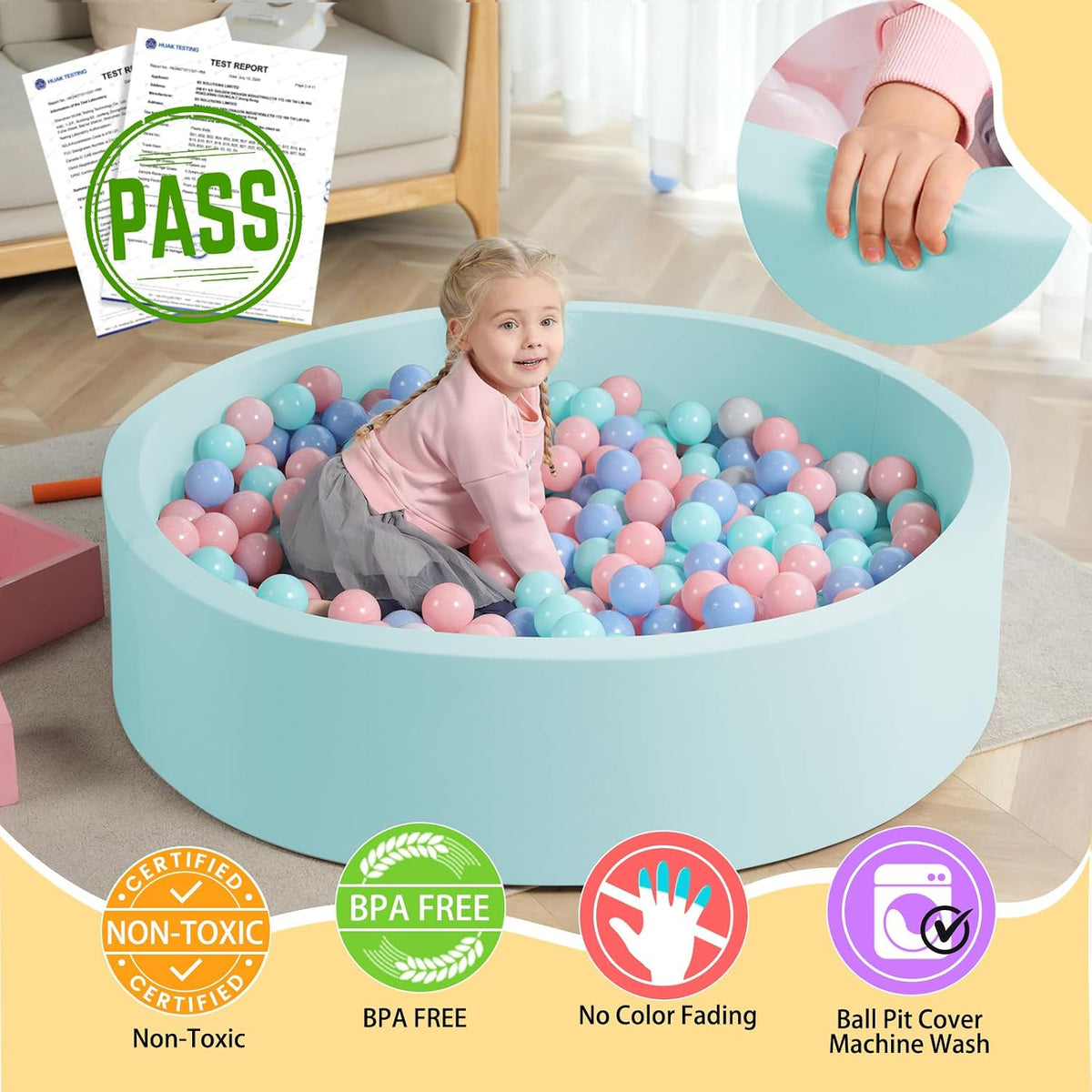 TRENDBOX Foam Ball Pit, 36" x 12" Indoor Soft Ball Pool for Kid，Light Grey – Fun for Kids & Family - Light Blue / 130CM - image 2