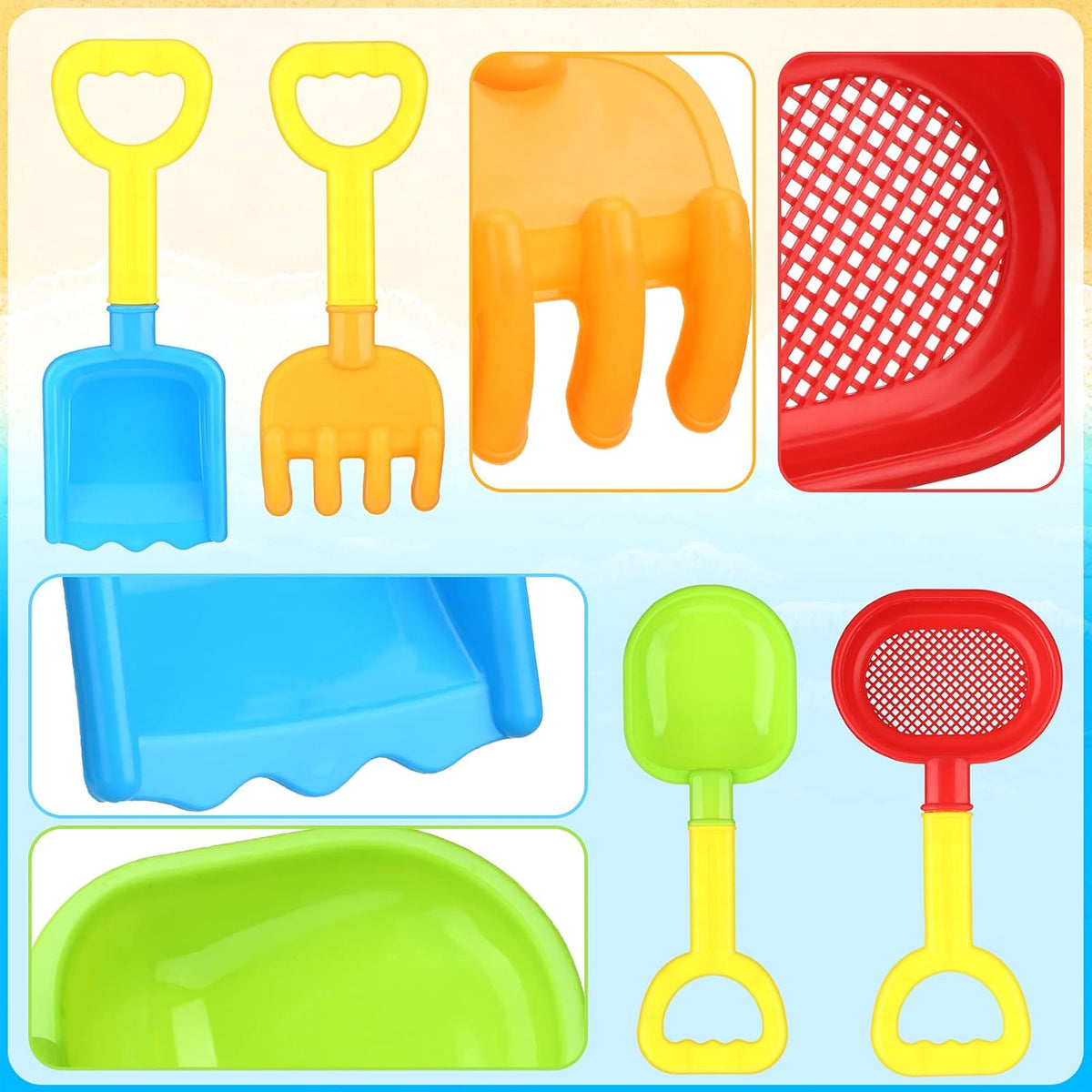Skylety 8 Pcs Sand Shovels for Kids Beach Toys Plastic Rake Sifter - Vivid Style - image 3