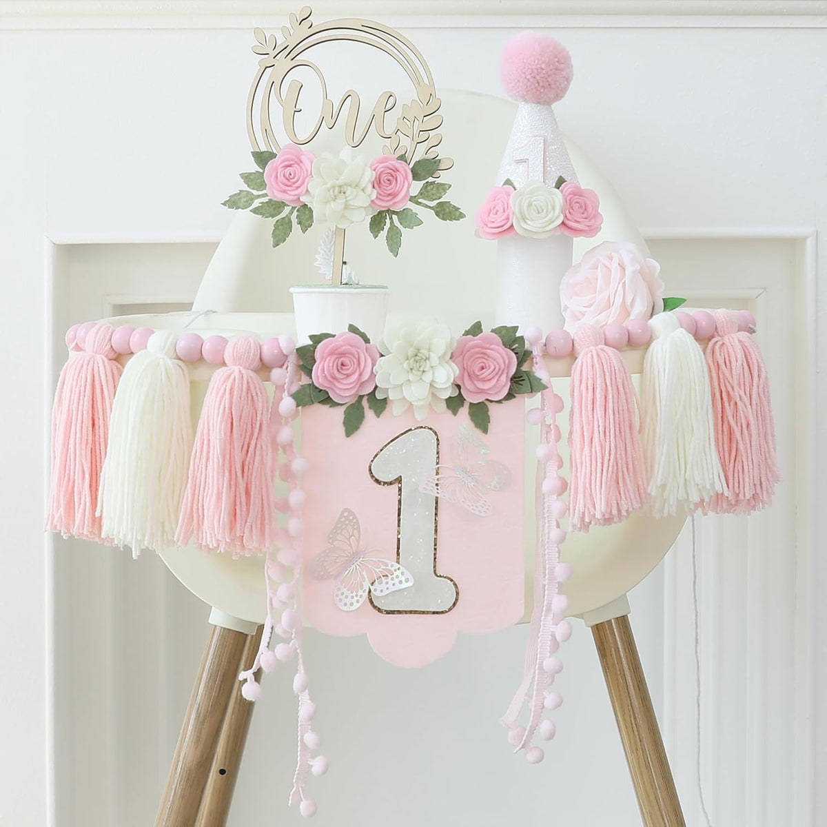 First Birthday Decorations for Boy Blue One Year Old High Chair - Pink White