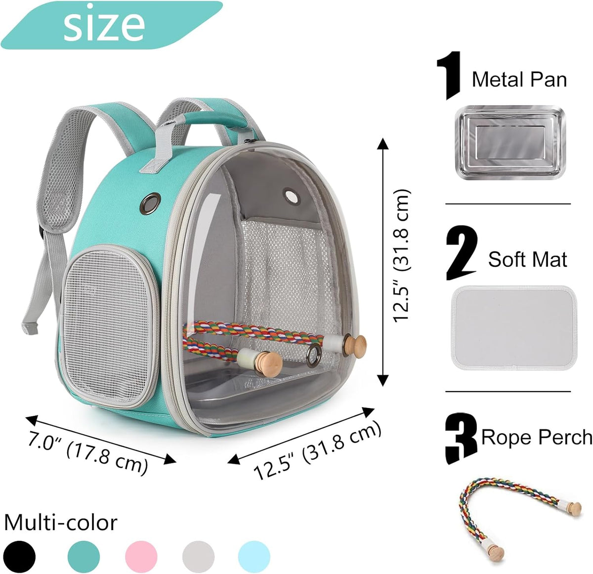 Small Bird Travel Backpack Carrier Cage - Green / Clear Bubble + Tray - image 2