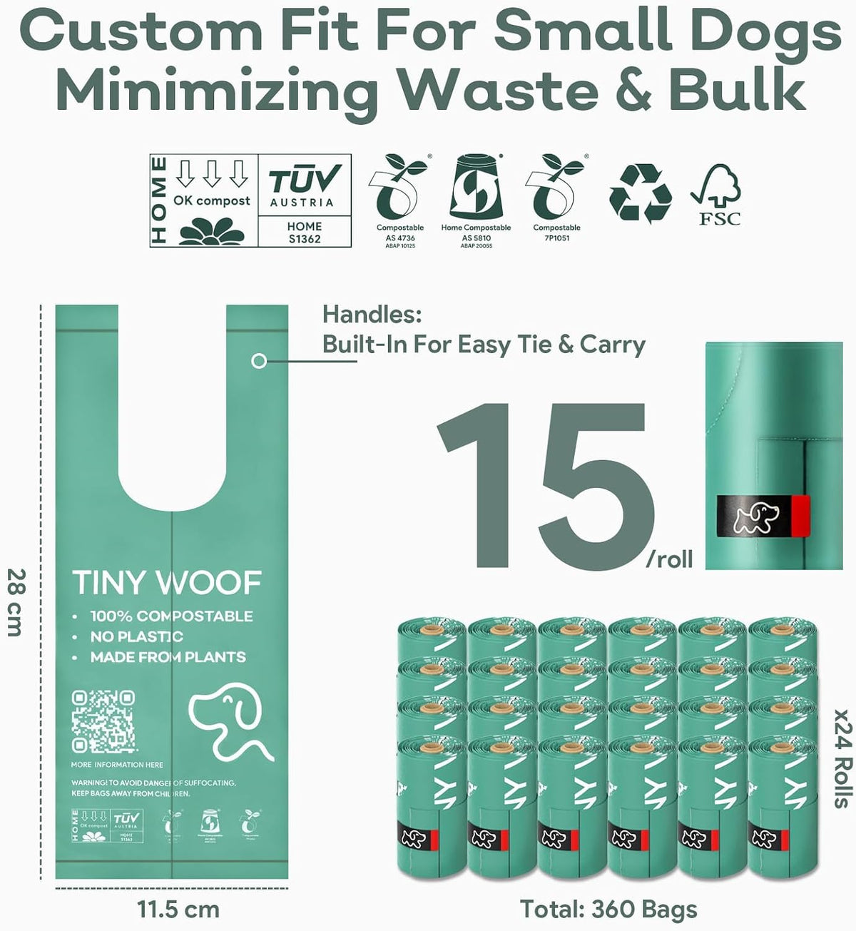 Small Dog Poop Bags, Compostable Plant-Based Waste Bags with Tie Handles, 24 Rolls, Leak-Proof - image 4