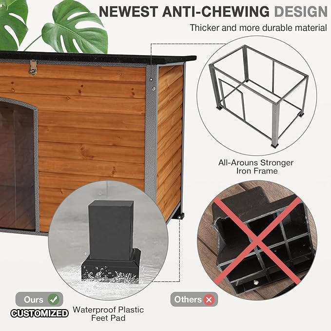 Wooden Dog House Outdoor with Iron Frame, Weatherproof Dog Kennel with Removable Floor, Anti Bite Puppy Shelter with Openable Roof (Brown, 33.5'' x 25.2'' x 22'')