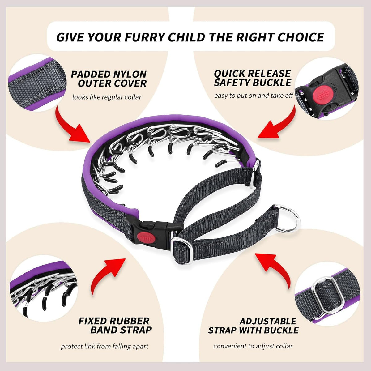 Martingale No Pull Dog Collar for Large Medium Small Dogs - L (19"-26" Neck, 1.5" Wide) / Black Purple - image 3