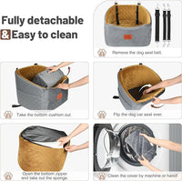 Dog Car Seat for Small Medium Dogs, Memory Foam Booster Car Seat for Dogs up to 35 lbs, Elevated Pet Car Seat, Travel Safety Bed with Washable Removable Cover and Storage Pockets(Gray/Coffee)