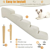 Senneny Imitation Linen Faux Leather Dog Stairs, for Pets up to 150 lbs, Waterproof, Scratch Resistant Pet Steps/Stairs with High Density Foam and Detachable Wooden Legs, Light Beige Linen, 5 Step