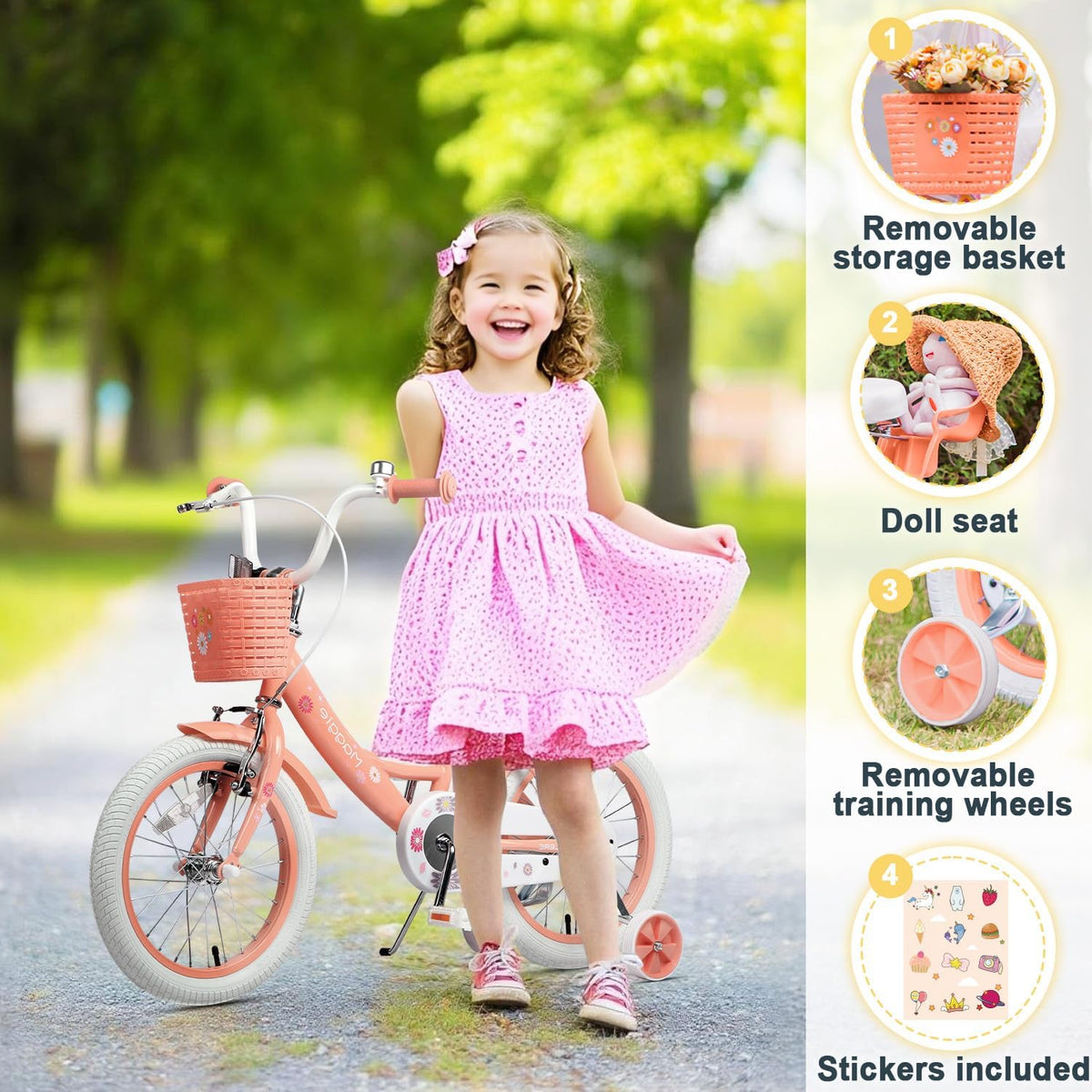 Glerc Maggie Girls Bike, 12-20 Inch Kids Bike for 2-13 Years Old Children, Princess Style Kids - Peach / 16 Inch - image 2