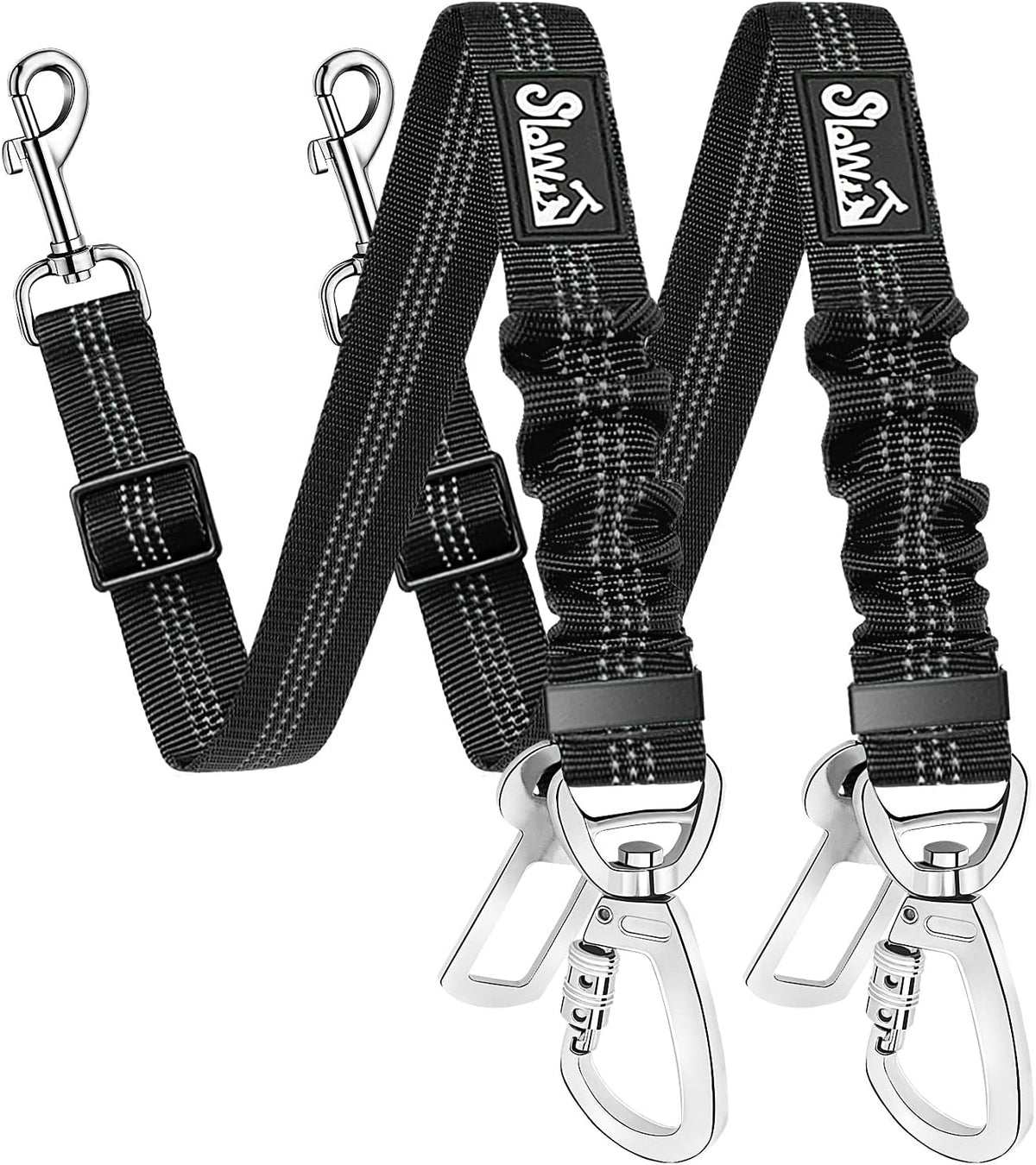 SlowTon Dog Seatbelt, 2 Pack Adjustable Heavy Duty Dog Safety Seat Belt – Essentials for Dogs - Black / Seatbelt Clip + Carabiner