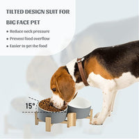 SPUNKYJUNKY 15° Slanted Ceramic Dog and Cat Bowl with Wooden Stand, Tilted Bulldog Food and Water Bowl No Slip Non-Spill for Cats Medium Dogs Big Face Pets 28.7 OZ (3.6 Cups, White-Grey × 2)