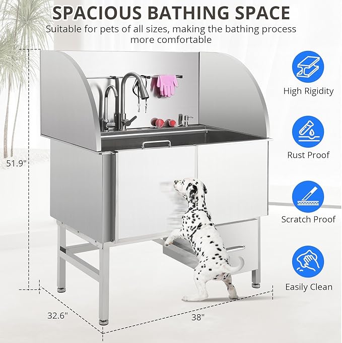 Professional Dog Grooming Tub, 38" Stainless Steel Dog Wash Station with Ramp, Storage Drawer, Floor Grate & Faucet/Dog Bathtub for Large, Medium & Small Pets, Right Door