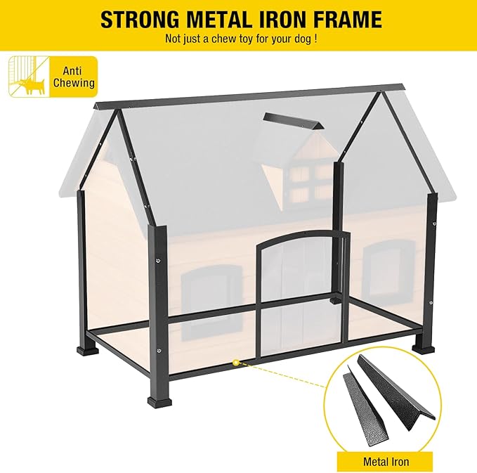 Aivituvin Large Dog House Anti-Chewing Metal Frame Design Insulated Wooden Dog Kennel with Unique Design Roof, Weatherproof Dog House for Outdoor Indoor