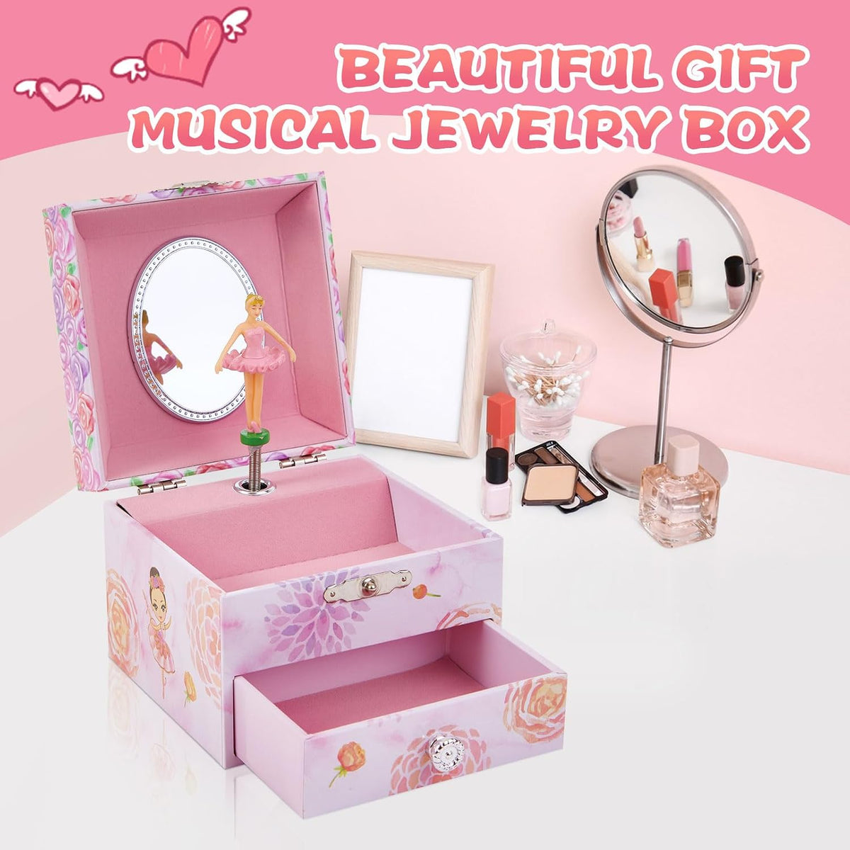 Girls Musical Jewelry Box with Drawer and Spinning Ballerina - Pink flower ballerina - image 3