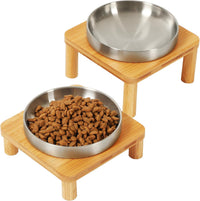 Raised Cat Bowl, Elevated Cat Bowls with Bamboo Stand, Set of 2 – Essentials for Cats - Square Stand with Stainless Steel Bowls
