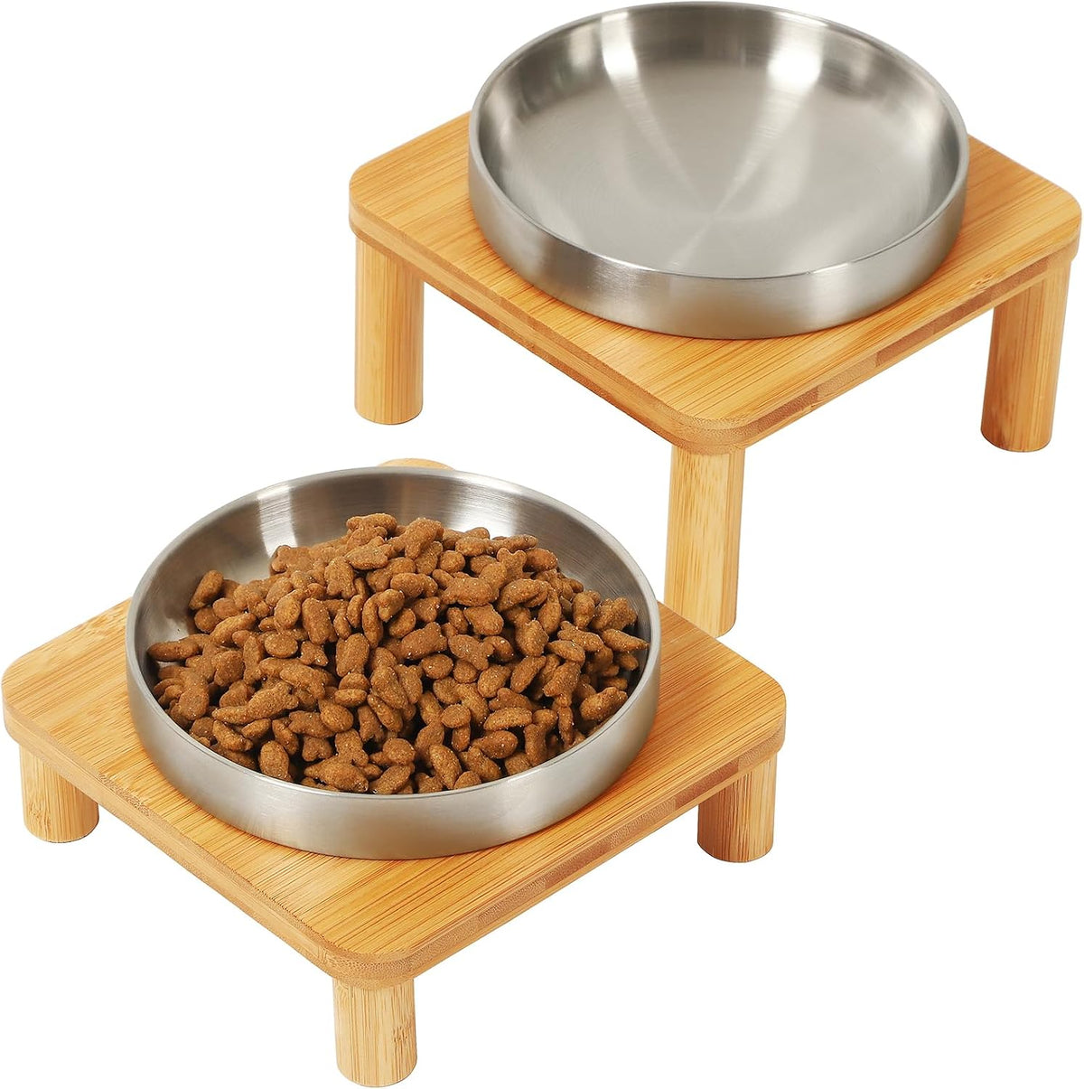 Raised Cat Bowl, Elevated Cat Bowls with Bamboo Stand, Set of 2 – Essentials for Cats - Square Stand with Stainless Steel Bowls