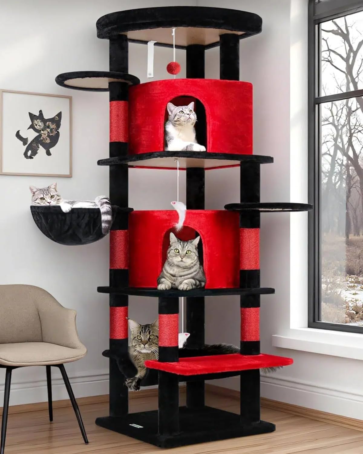 Globlazer Corner Stable Cat Tree Tower with Scratching Post, C51 - 66inch / Red Black