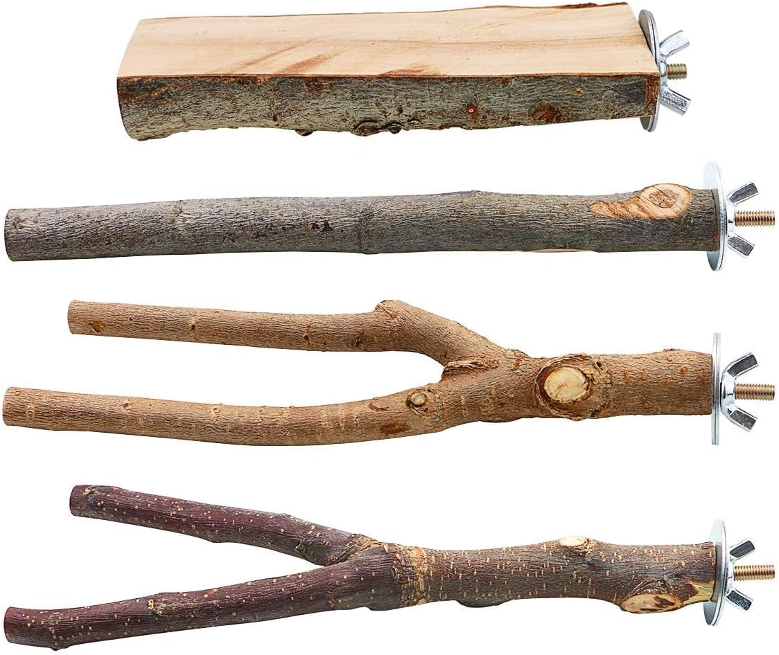 4 Pack Natural Wood Bird Perch Set for Parakeet Cage – Essentials for Birds - 4 Pcs - Classic Wood Set (For Small/Medium Birds)