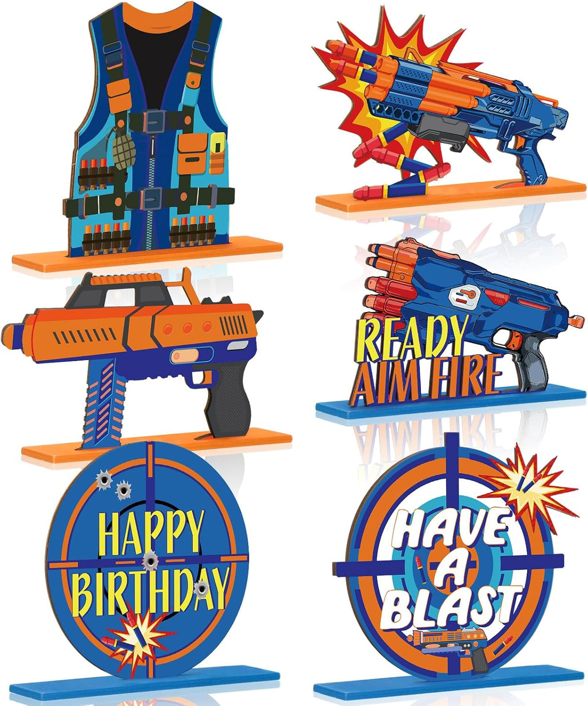Suzile Dart Battle wooden party table centerpieces in blue and orange, set of 6
