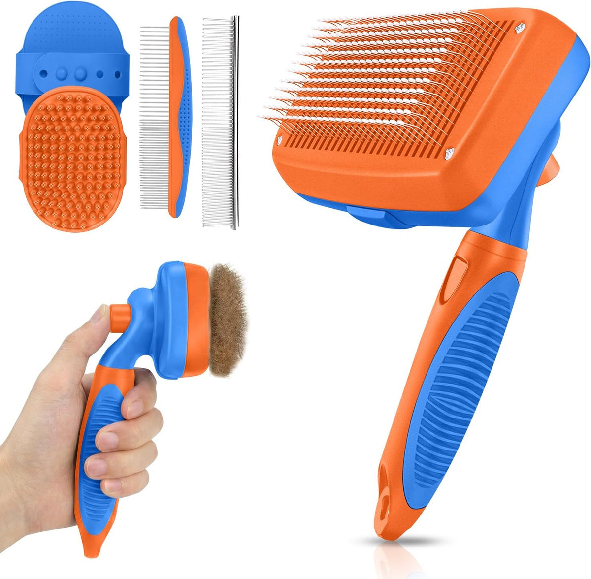 Self Cleaning Shedding Brush, Cats, and Puppies - Blue-Orange