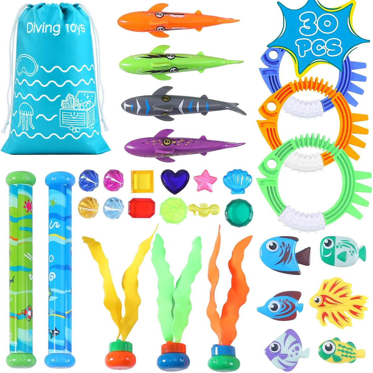 20Pcs Summer Pool Diving Swimming Toys for Kids Ages 3-12 - 30blue