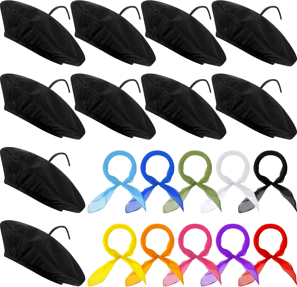 Laumoi felt French berets and polyester painter scarves in assorted colors