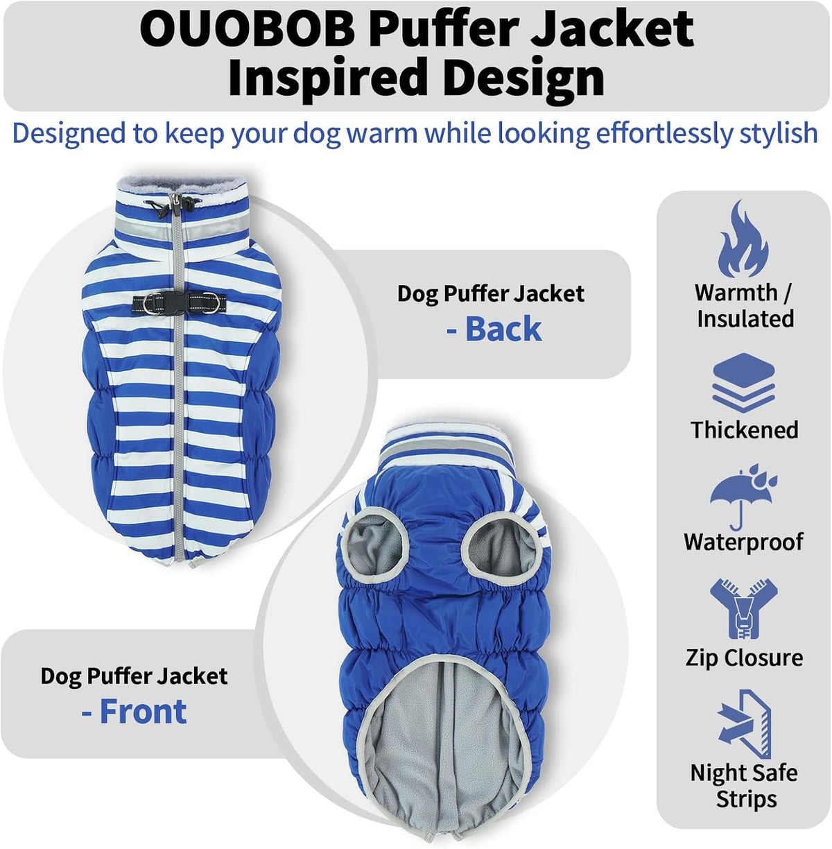 Dog Winter Jacket Cozy Reflective Waterproof Windproof Warm Pet - Small / Blue White Stripes - image 2