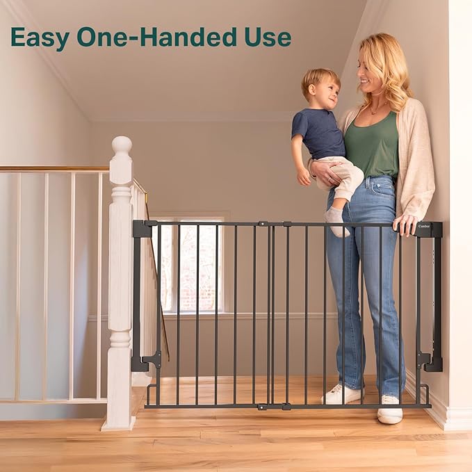 Cumbor 29.2-43" No Bottom Bar Baby Gate for Stairs, 2-in-1 Hardware Mounted Dog Gate Indoor, Wide Pet Gates for Doorway with Large Walk Thru Door, Child-Proof Gate for Top & Bottom of Stairs(Black)
