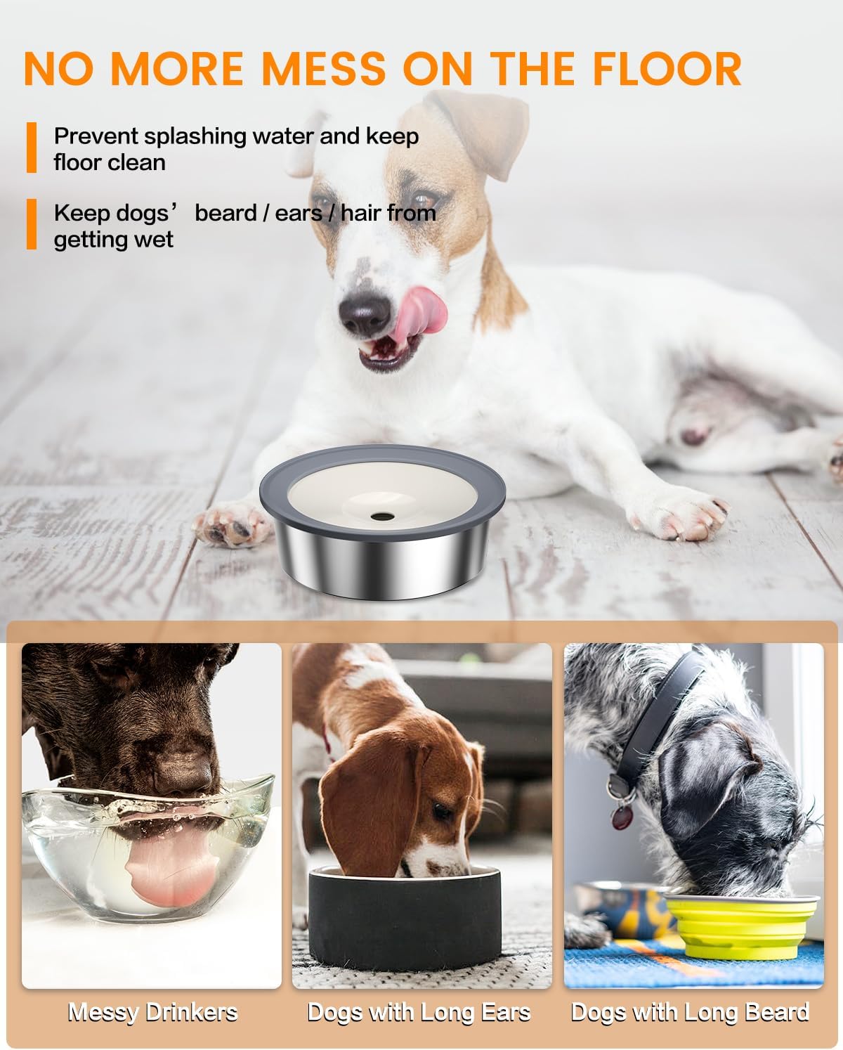 No Spill Dog Water Bowl, 1.5L Stainless Steel Slow Drinking Water Dish Dispenser, Spilling Drip - 1.5L - image 3