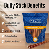 ValueBull Bully Sticks for Dogs, Thick 12 Inch, 100 Count - All Natural, Grass Fed, Single Ingredient, Long Lasting Dog Treats