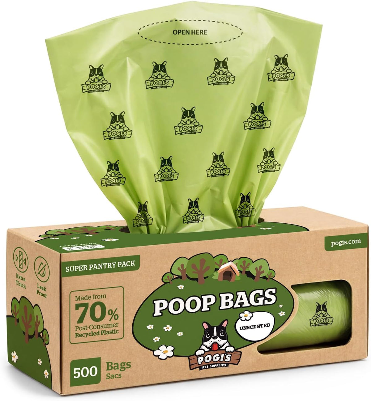 Pogi's Large Dog Poop Bags, Single Roll, Leak-Proof - 500 Count (Pack of 1) / Unscented