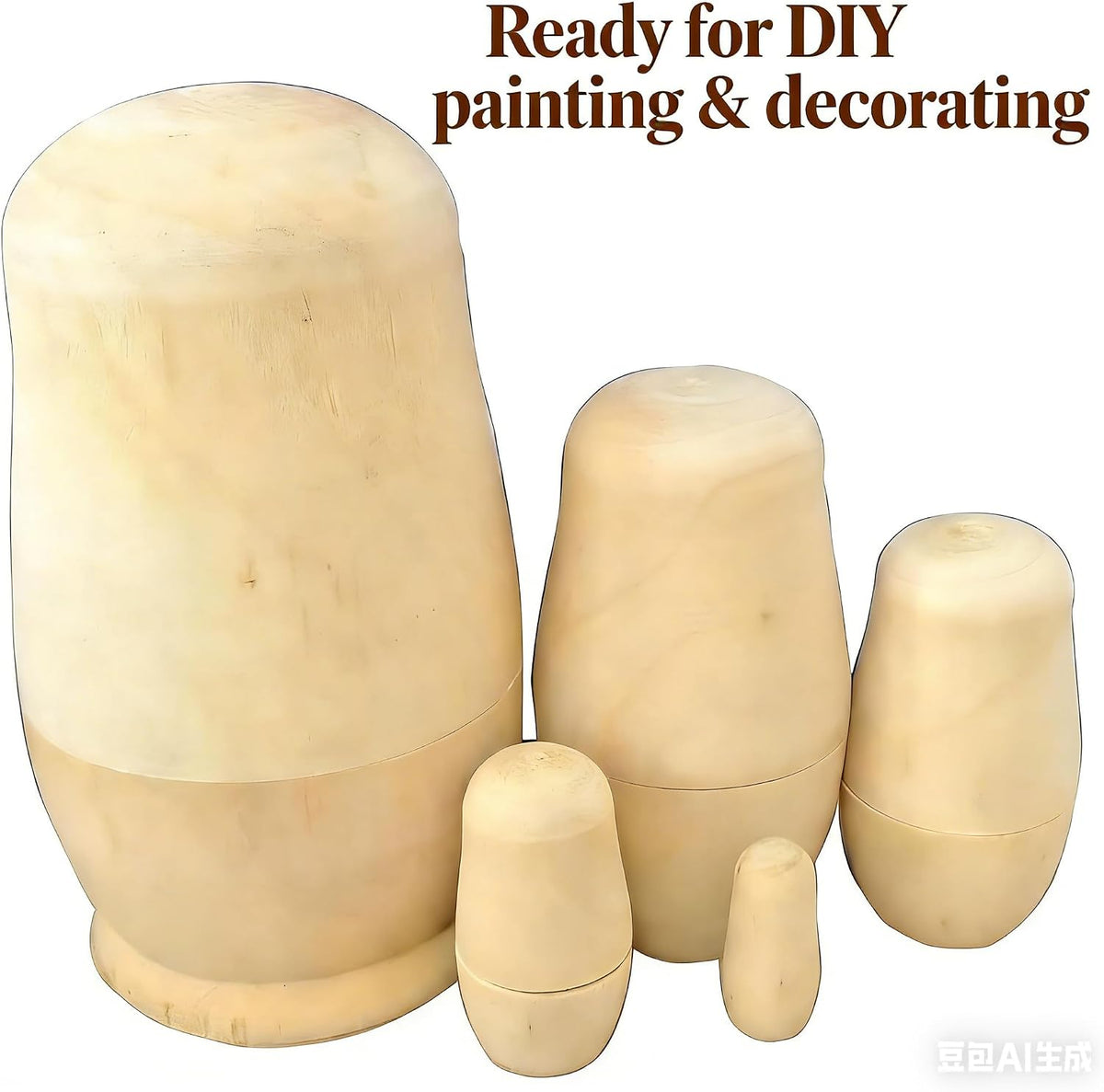 MAGIKON set of 5 unpainted wooden nesting dolls in natural sanded wood, largest 5 inches - view 2