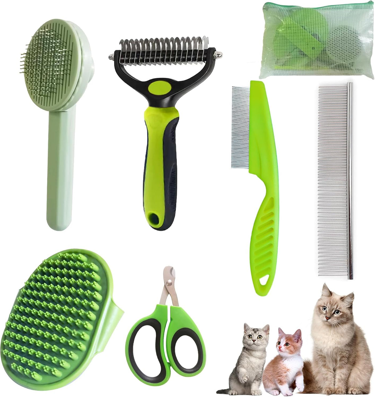 Cat Grooming Kit, 6-Piece Deshedding Brush Set, Pink – Essentials for Cats - Green