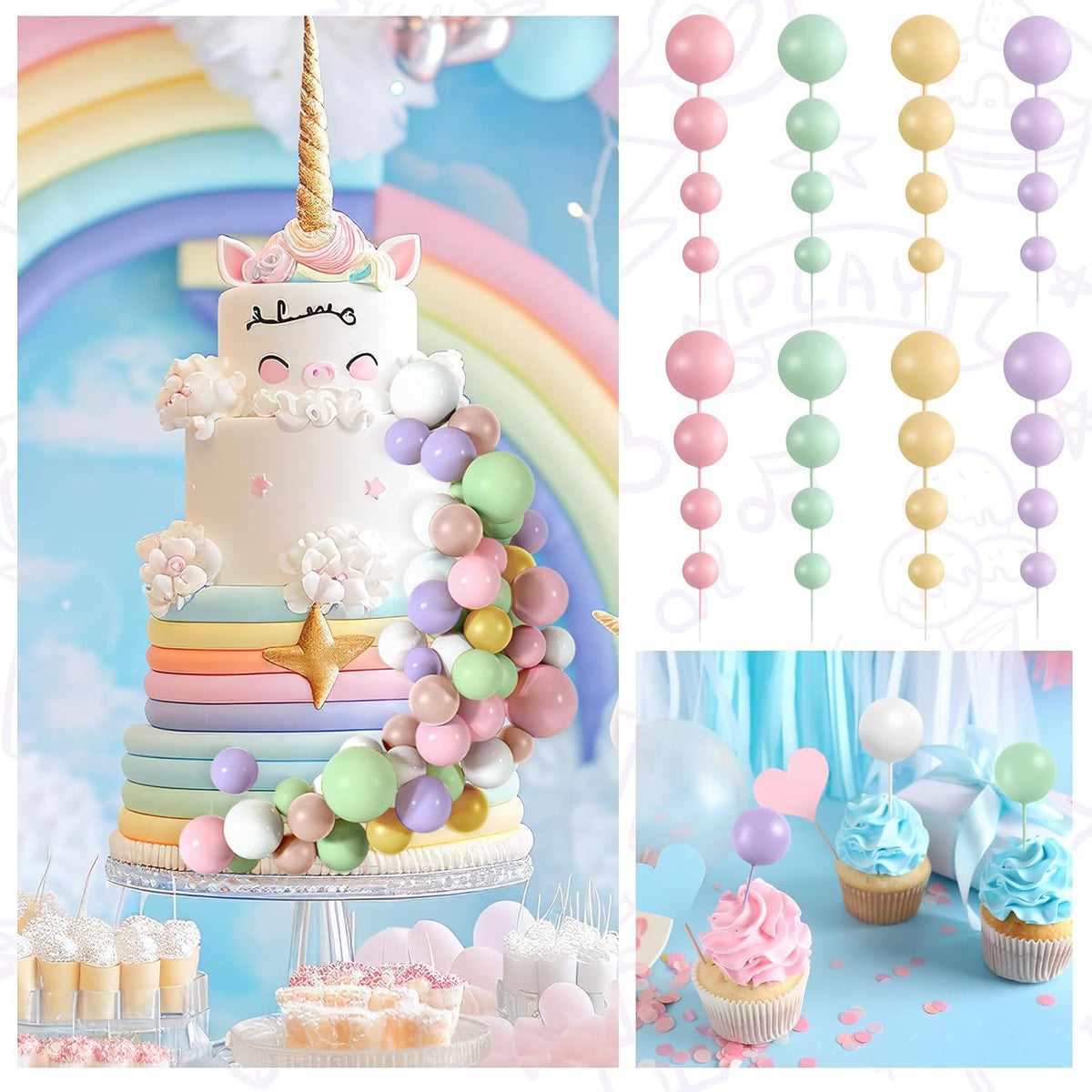 48 Pcs Balls Cake Topper Decorations Balloon Cupcake Toppers Foam - Pink,green,yellow,purple,brown,white - image 4