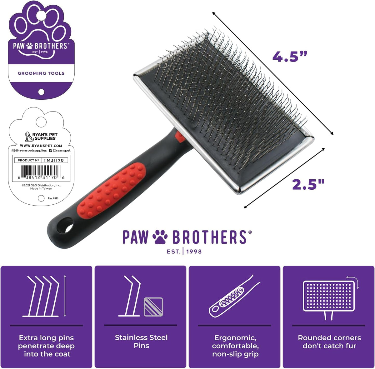 Paw Brothers Professional Grade Extra Long Slicker Brush - Extra Long Hard Pin - image 3