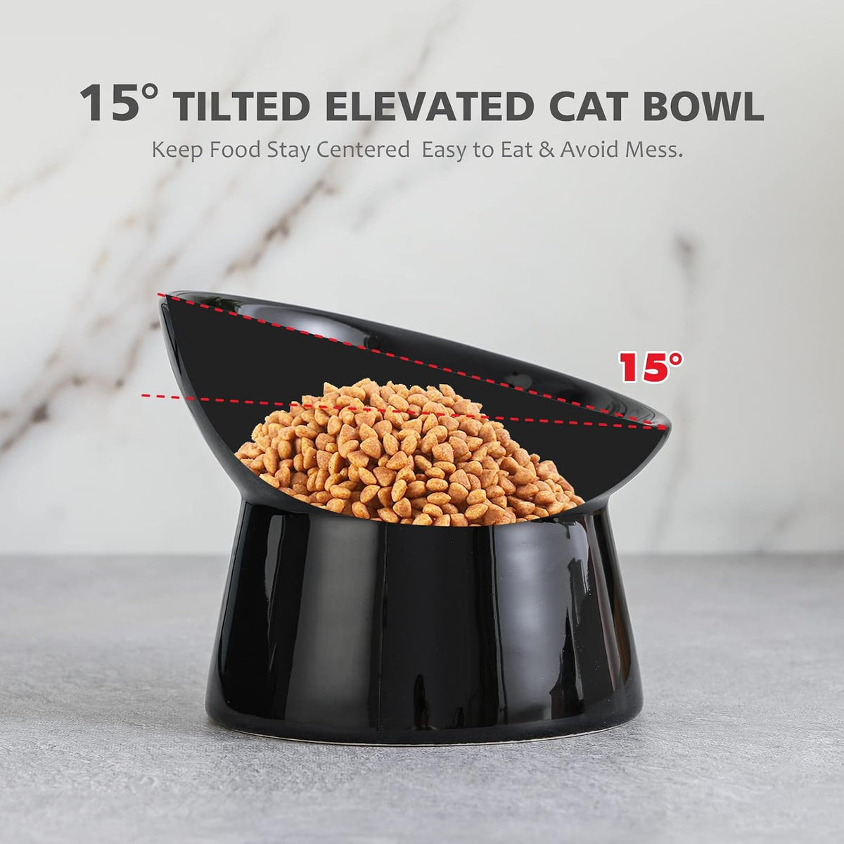 Elevated Cat Bowls, 15° Tilted Ceramic Cat Food Bowl - Black / Large - image 4