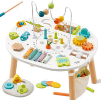 Giant bean wooden toddler activity table with bead maze, xylophone and shape sorter