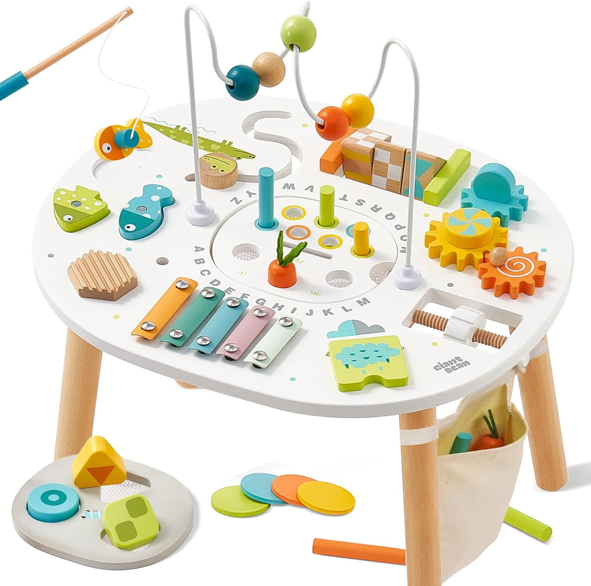 Giant bean wooden toddler activity table with bead maze, xylophone and shape sorter