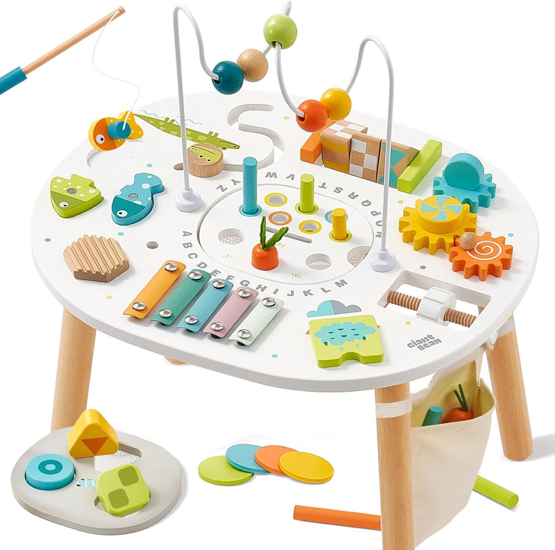 Giant bean wooden toddler activity table with bead maze, xylophone and shape sorter