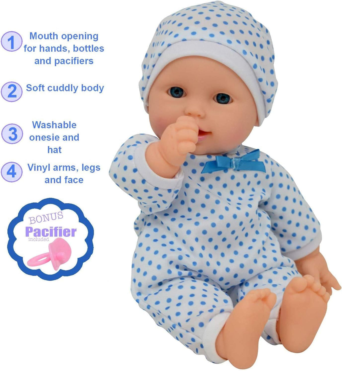 New York Doll Collection 11 inch soft body baby doll in polka dot onesie with pacifier and blanket - view 27