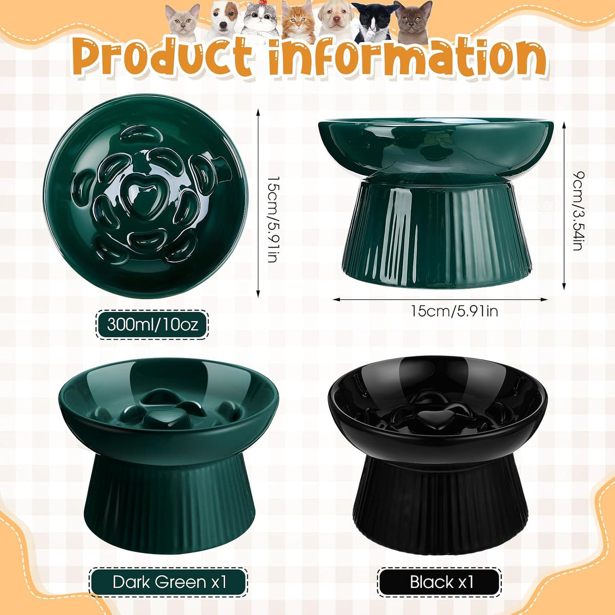 Tioncy 2 Pcs Ceramic Elevated Slow Feeder Cat Bowl - Dark Green, Black / 2 - image 2