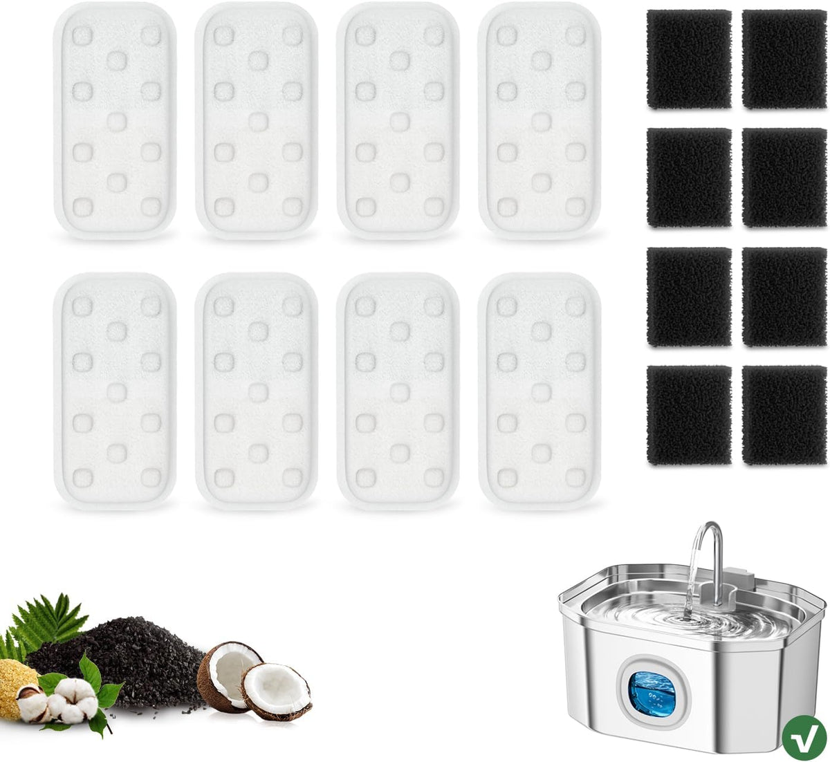 APAUK Cat Water Fountain Stainless Steel - Repleacement 8 Filters + 8 Sponges
