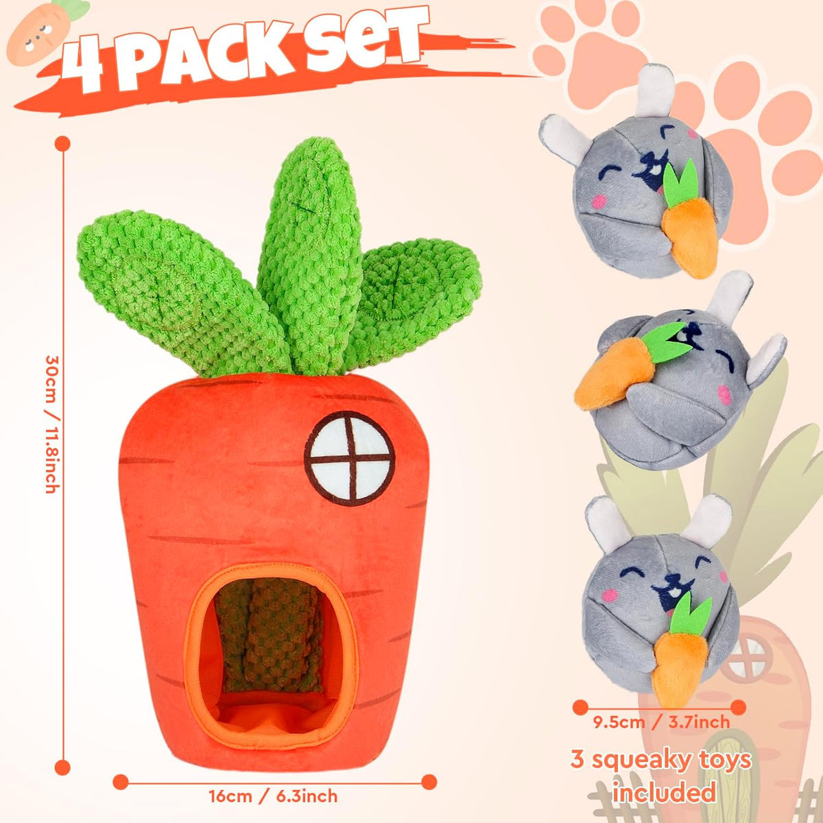 Hide and Seek Squeaky Dog Plush Toy Carrot and Bunny Set - rabbit - image 2