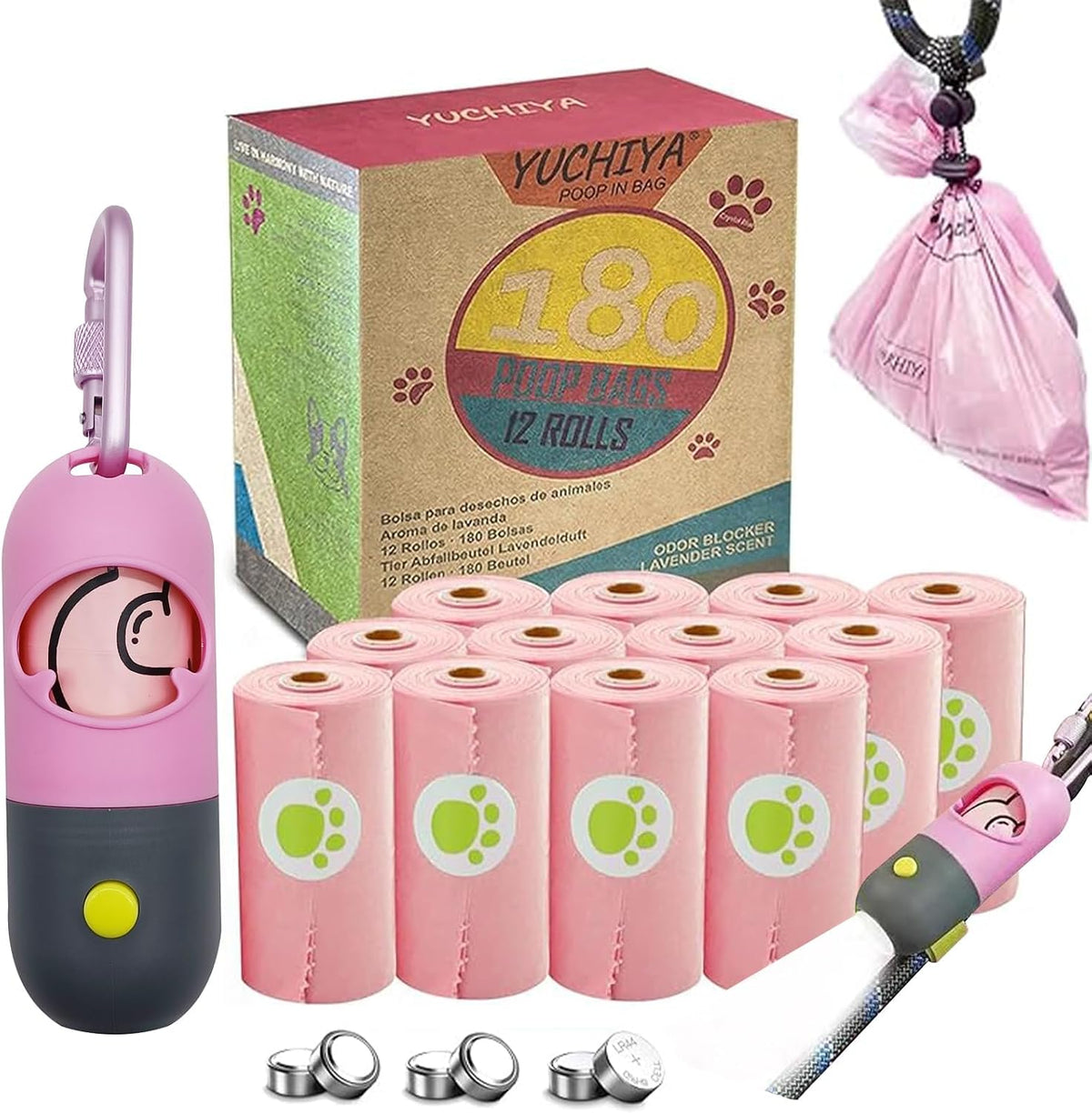 Dog Poop Bags Holder with LED Flashlight - Pink / 195 Count (Pack of 1)