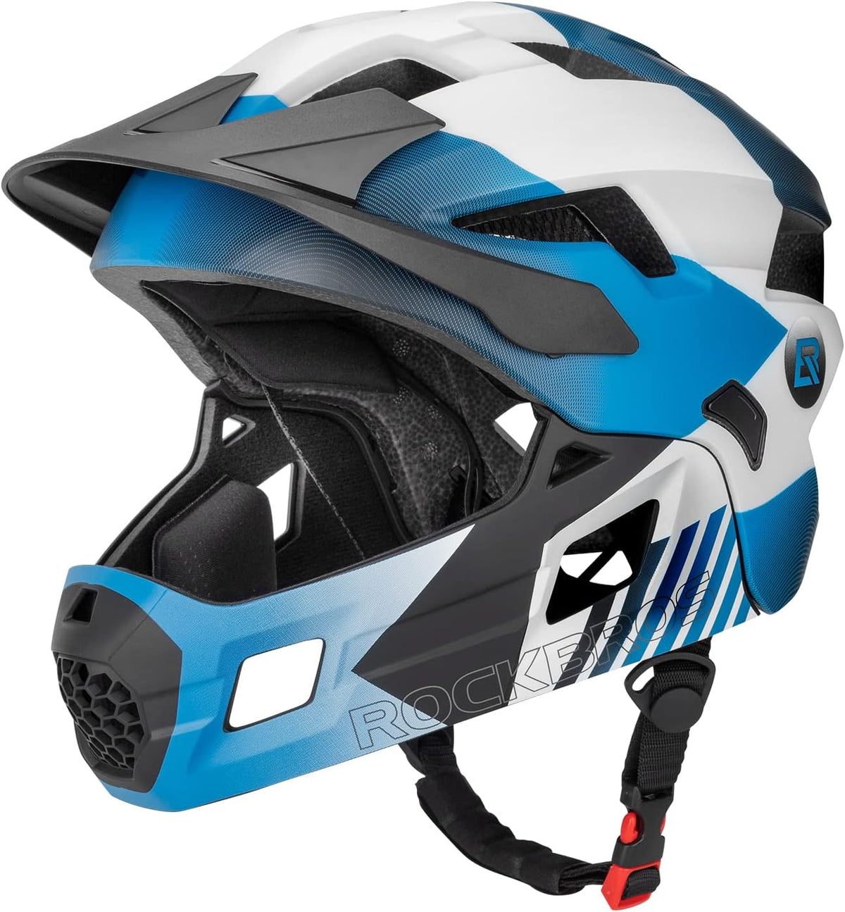 ROCKBROS Kids Full Face Bike Helmet Lightweight Detachable MTB Helmet – Fun for Kids & Family - Blue White Black / Medium