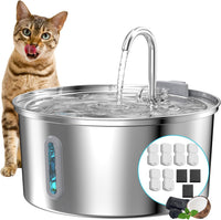 Cat Water Fountain Stainless Steel: 2.2 L Cat Fountain for Drinking - 108oz Fountain + 6 Filters + 3 Sponges