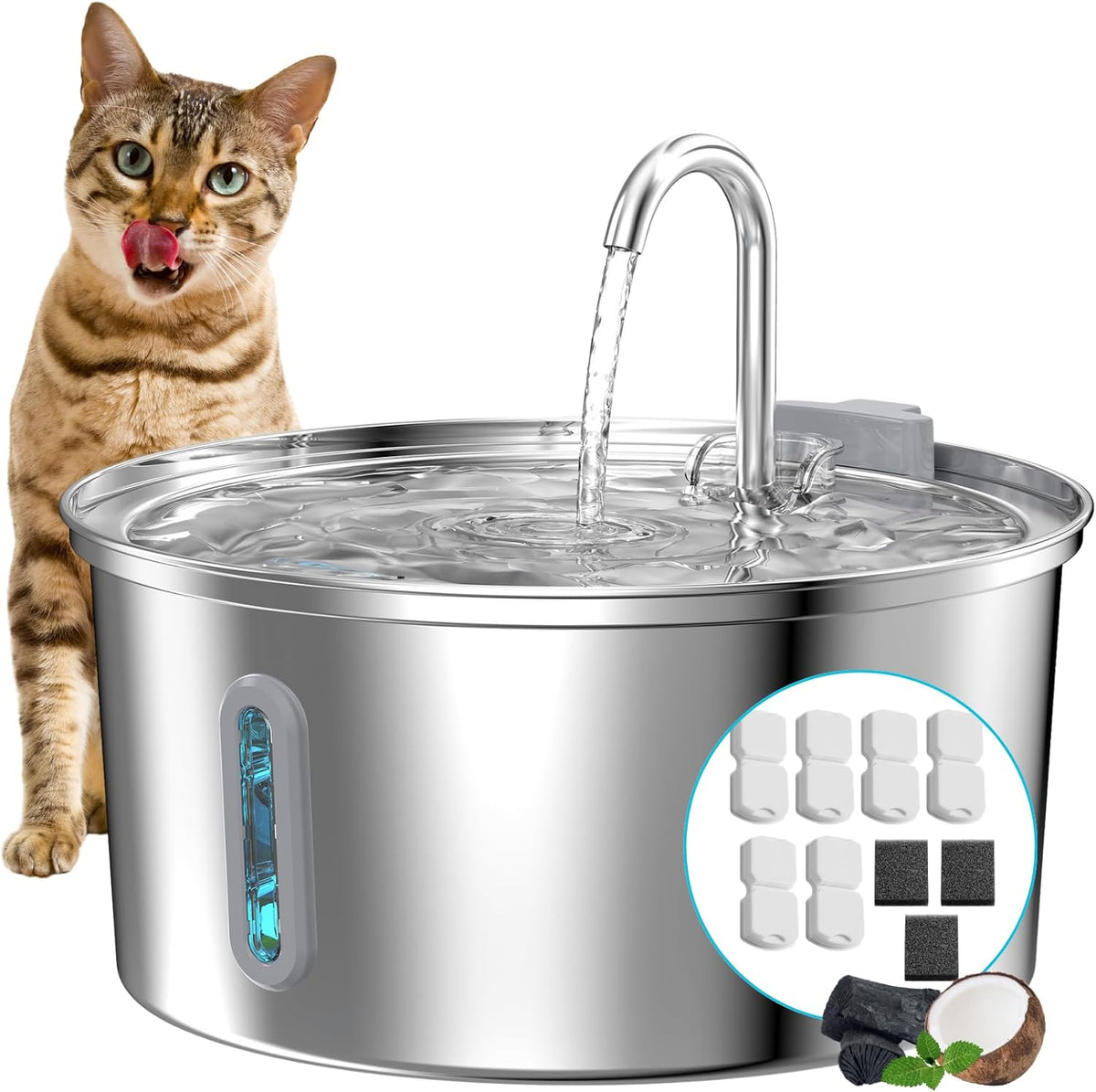 Cat Water Fountain Stainless Steel: 2.2 L Cat Fountain for Drinking - 108oz Fountain + 6 Filters + 3 Sponges