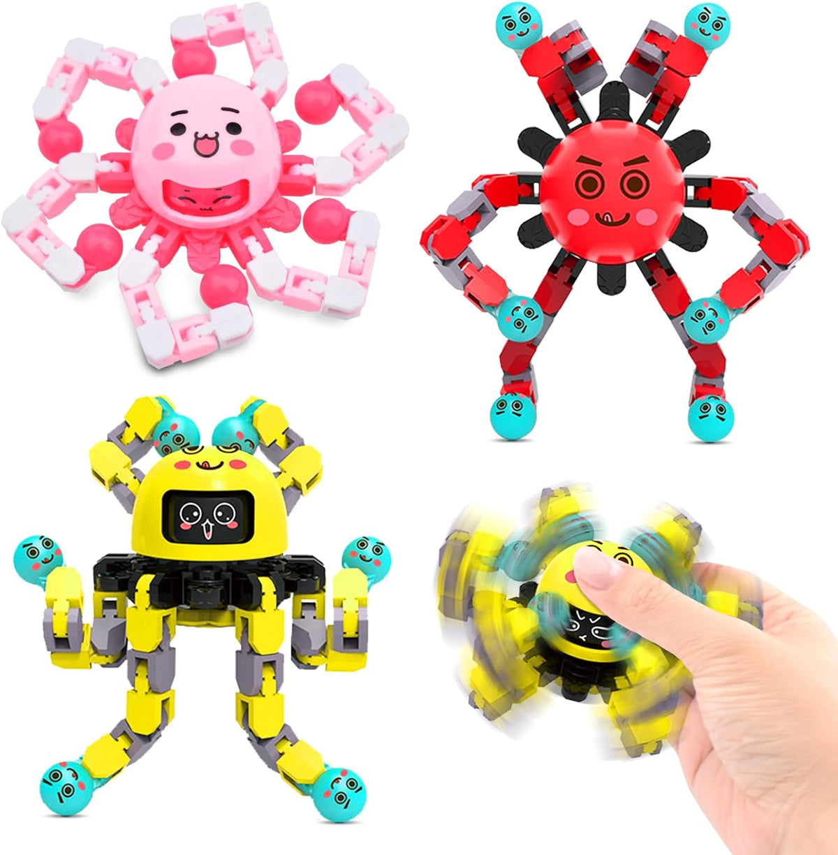 Transformable Fidget Spinner Toys for Kids and Adults - 1 Pink+1 Red+1 Yellow
