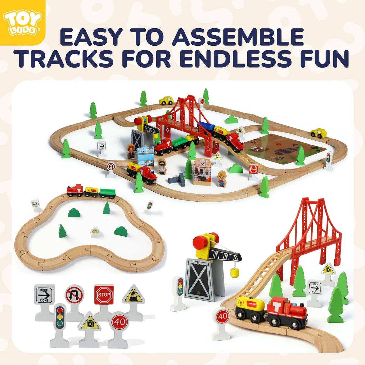 TOY Life Wooden Train Set with Crane, 60-Pc Track, Boys 3-8 – Fun for Kids & Family - 80 PCS Wooden Train set - image 3
