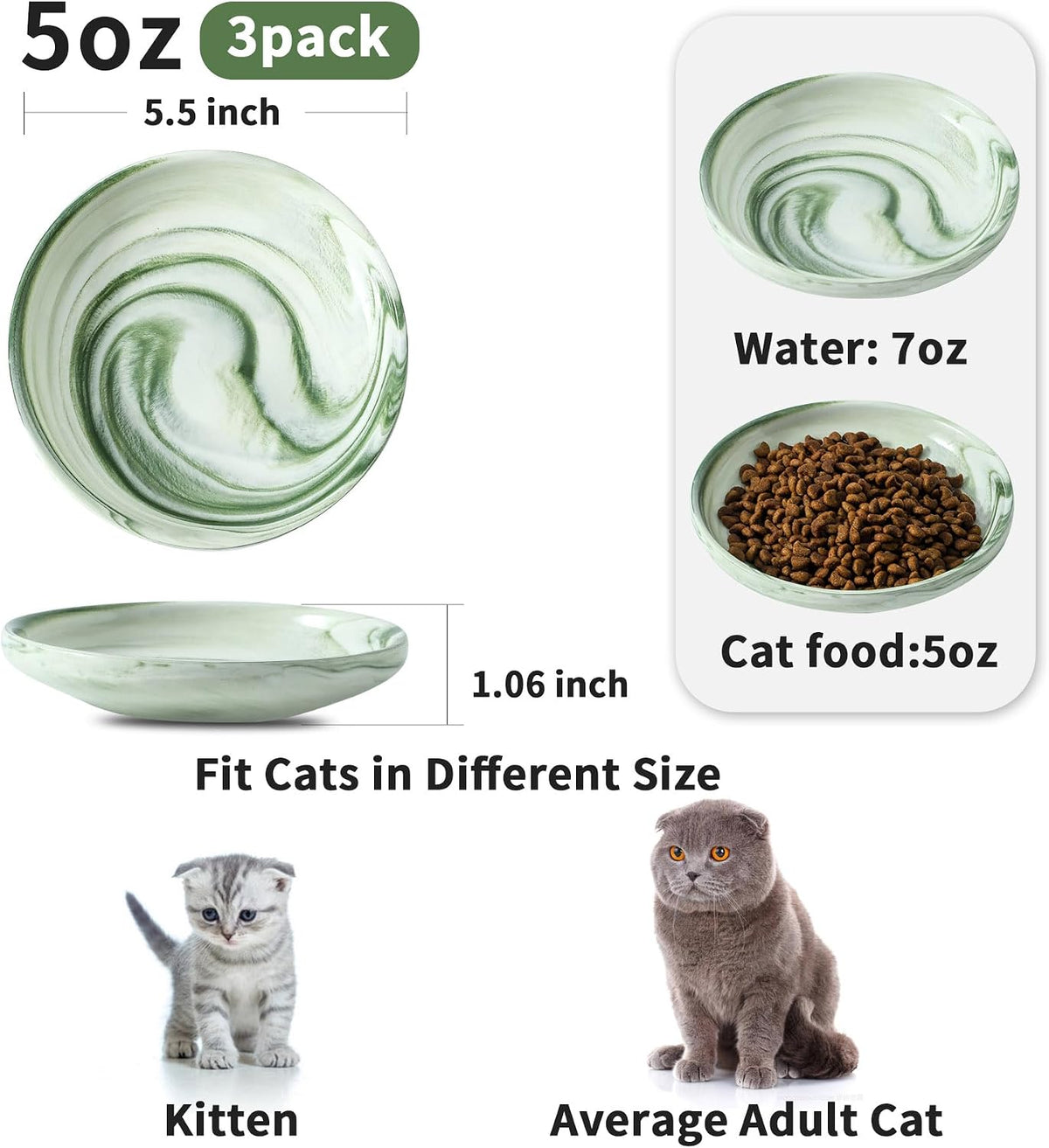 3 PCS Ceramic Cat Bowls, Small Dog Dish - Marble Green - image 2