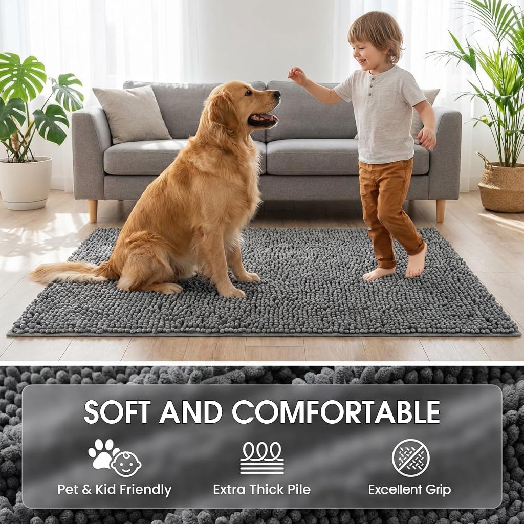 Lovydro grey chenille absorbent dog door mat, 72 by 24 inches - view 2