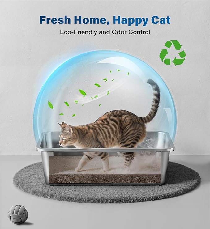 Stainless Steel Litter Box, Large Metal Cat Litter Box with High Sided for Big and Small Cats, Kitty Litter Boxes, Non-Stick, Easy to Clean, Odor-Free, Small Cat Toilet