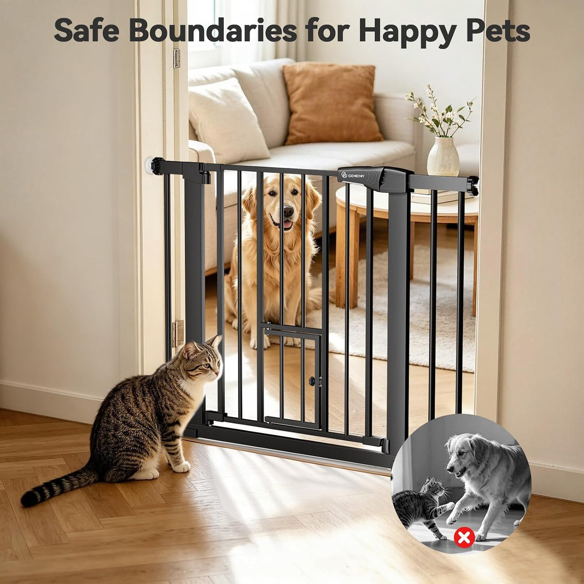 COMOMY Auto Close Pet Gate with Cat Door - Black / 30"Tall 40.5"Wide - image 4